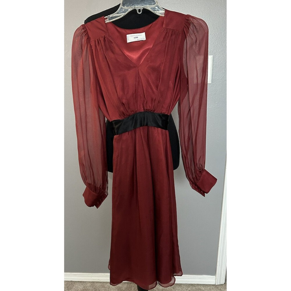 Seraphine Luxe Maternity Dress Red Silk Black Sash Sheer Sleeve Midi US 4 EUC